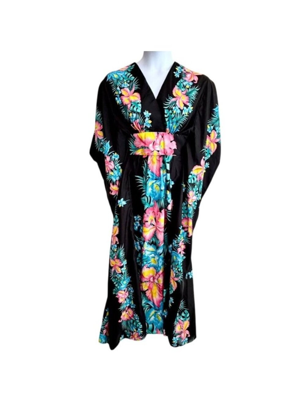 Vintage Royal Creations Hawaii Black Floral Aloha Caftan Muumuu Dress One Size